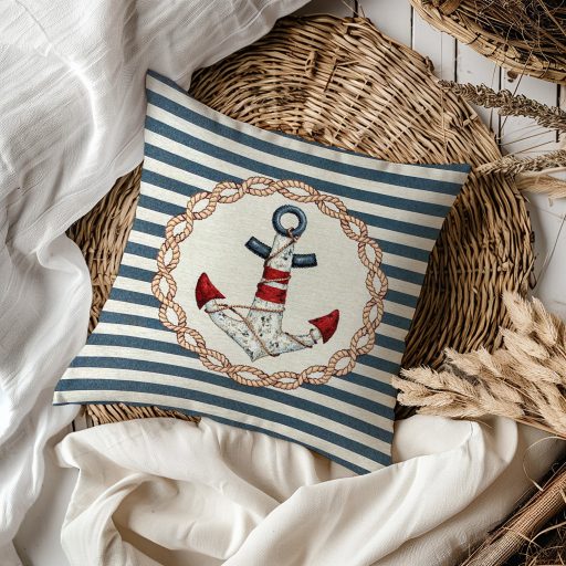 Horgonyos, kék csíkos díszpárna huzat