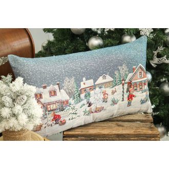   Winter kids hógolyozós díszpárna huzat töltettel, 40x70 cm, ezüst lurex