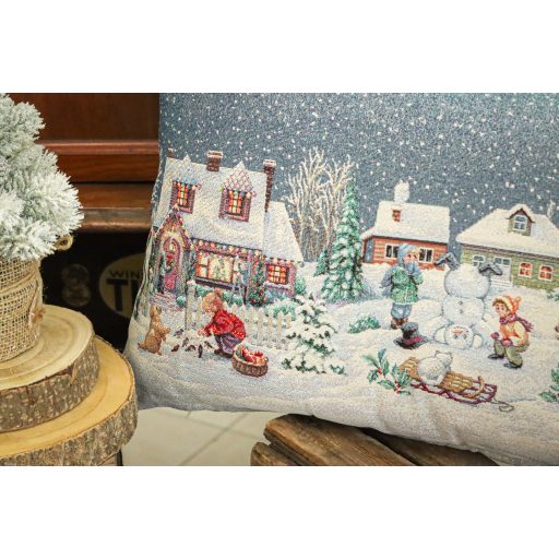 Winter kids hógolyozós díszpárna huzat töltettel, 40x70 cm, ezüst lurex