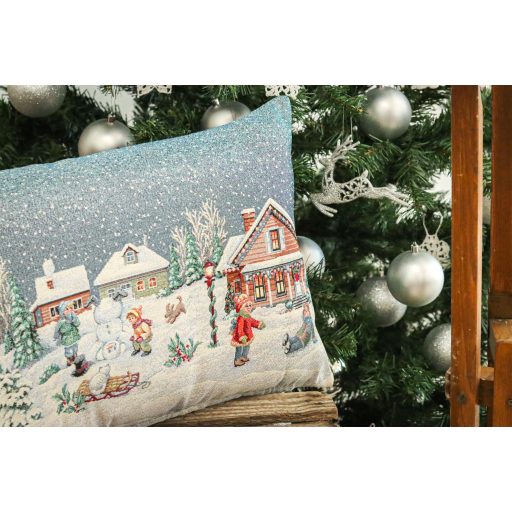 Winter kids hógolyozós díszpárna huzat töltettel, 40x70 cm, ezüst lurex