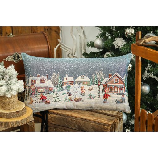 Winter kids hógolyozós díszpárna huzat töltettel, 40x70 cm, ezüst lurex