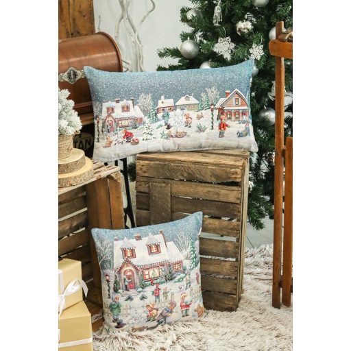 Winter kids hógolyozós díszpárna huzat töltettel, 40x70 cm, ezüst lurex