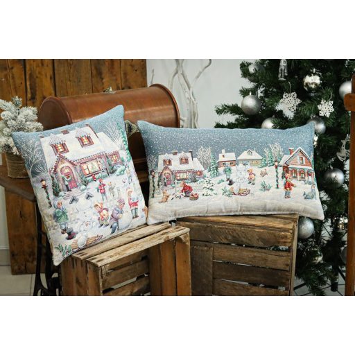 Winter kids hógolyozós díszpárna huzat töltettel, 40x70 cm, ezüst lurex