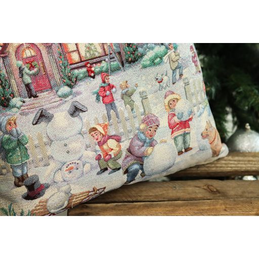 Winter kids hógolyózós díszpárna huzat, ezüst lurex