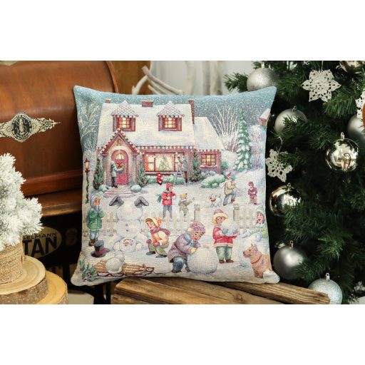 Winter kids hógolyózós díszpárna huzat, ezüst lurex