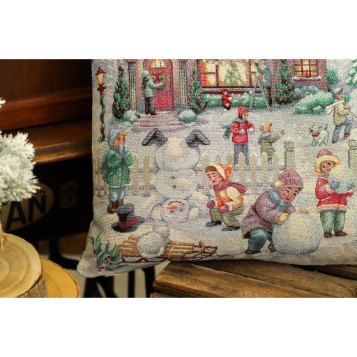 Winter kids hógolyózós díszpárna huzat, ezüst lurex