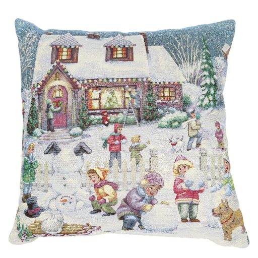 Winter kids hógolyózós díszpárna huzat, ezüst lurex