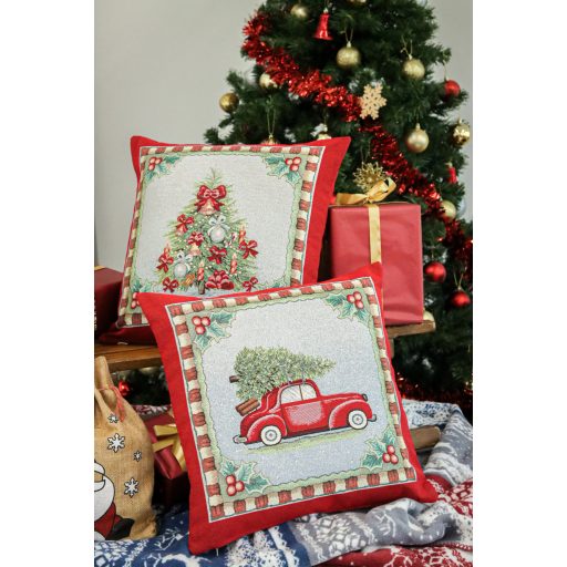 Winter holiday autós díszpárna huzat, ezüst lurex