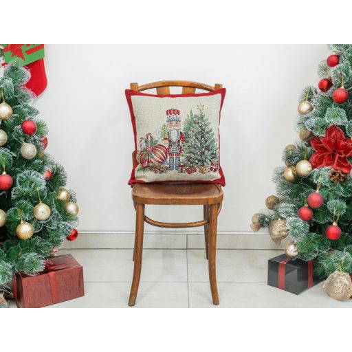 Magic diótörős, piros szélű díszpárna huzat, ezüst lurex