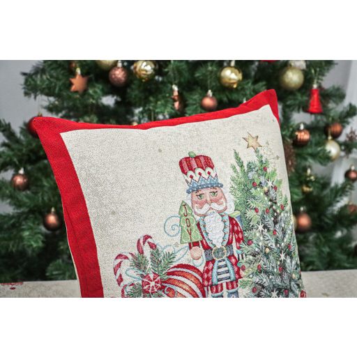 Magic diótörős, piros szélű díszpárna huzat, ezüst lurex