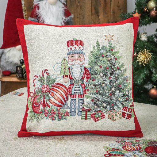 Magic diótörős, piros szélű díszpárna huzat, ezüst lurex