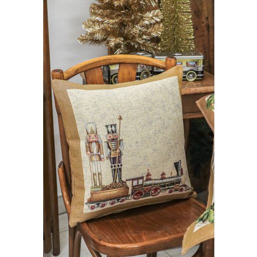 Vonatos, diótörős, arany szélű díszpárna huzat, arany lurex