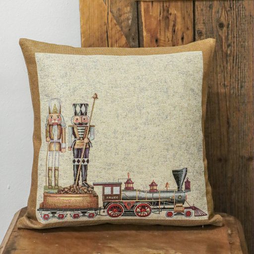 Vonatos, diótörős, arany szélű díszpárna huzat, arany lurex