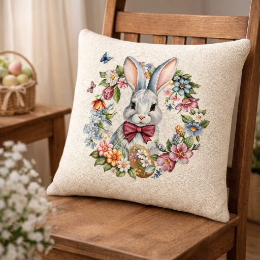 Fehér nyuszi virágkoszorúban díszpárna huzat