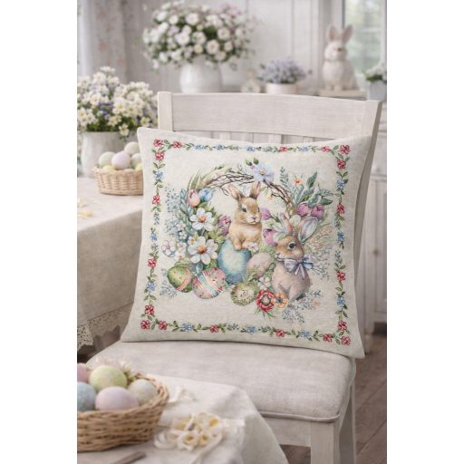 Barna kisnyuszik a húsvéti koszorúnál díszpárna huzat