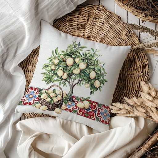 Citromfás, piros mozaikos díszpárna huzat