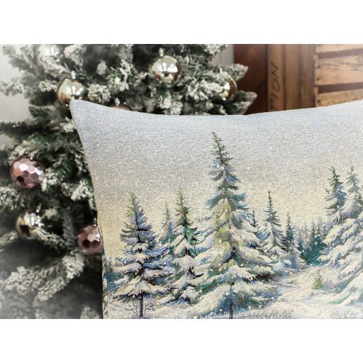 Havas fenyőerdő díszpárna huzat töltettel, 50x70 cm, ezüst lurex