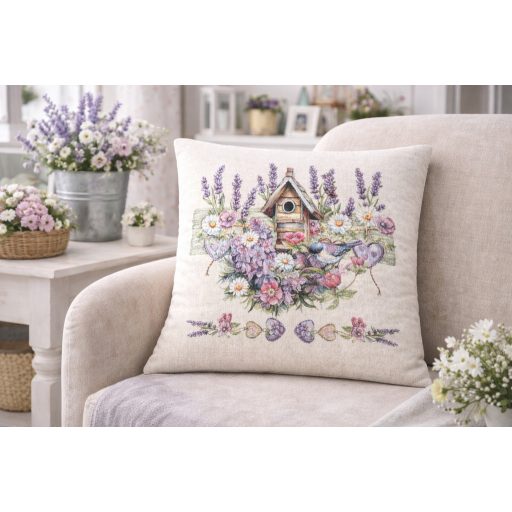 Levendulás, madárházas díszpárna huzat