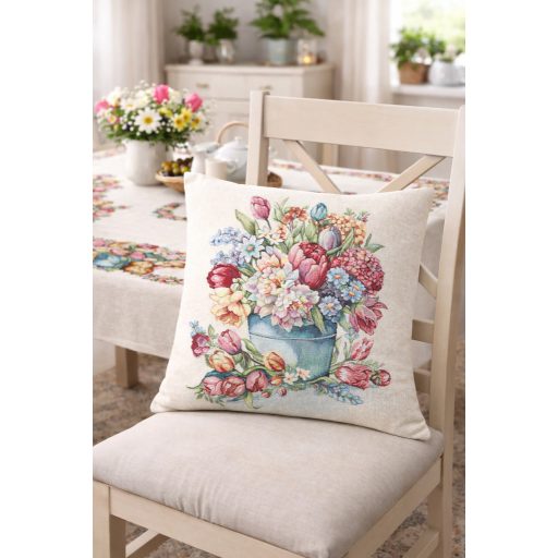 Tulipános virágcsokor vödörben díszpárna huzat