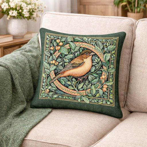 Erdei madár, zöld keretes (A) díszpárna huzat