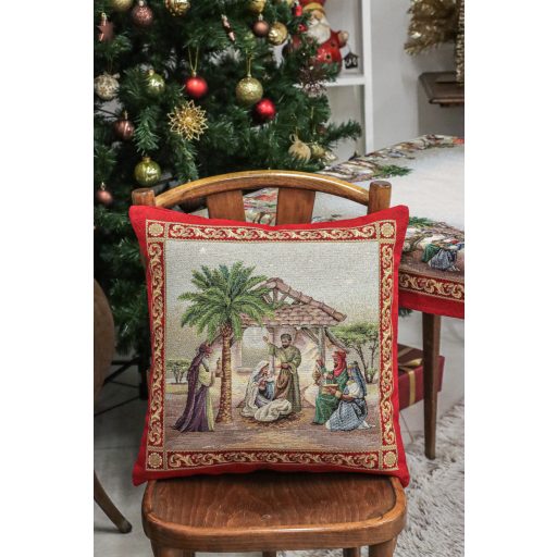 Betlehemi, piros szélű díszpárna huzat, arany lurex