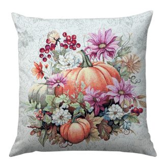 Őszi narancssárga tökös, virágos díszpárna huzat