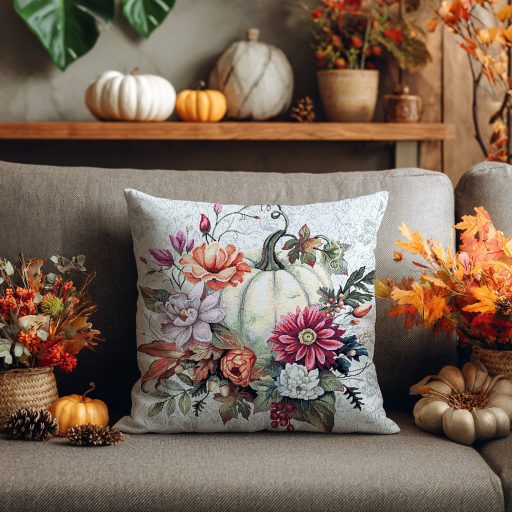 Őszi fehér tökös, virágos díszpárna huzat