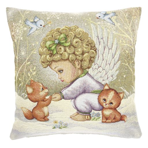 Angyalka (kislány) a hóban cicákkal díszpárna huzat, arany lurex