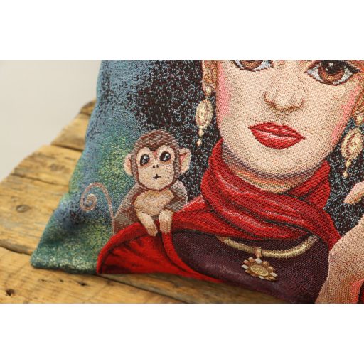 Frida Kahlo, kismajmos, ezüst lurex díszpárna huzat