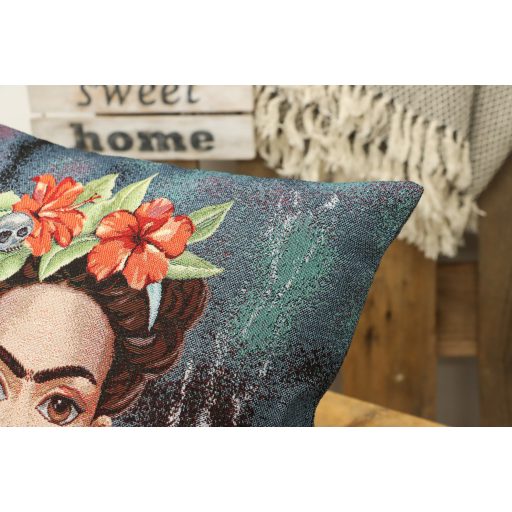 Frida Kahlo, kismajmos, ezüst lurex díszpárna huzat
