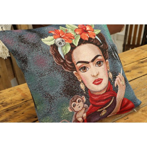 Frida Kahlo, kismajmos, ezüst lurex díszpárna huzat