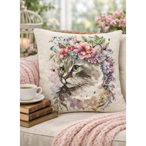 Cica virágkoszorúval díszpárna huzat