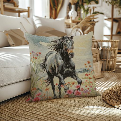 Fekete ló a virágos mezőn díszpárna huzat