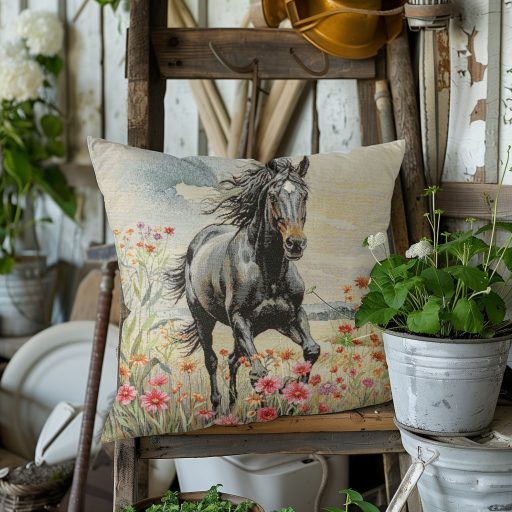 Fekete ló a virágos mezőn díszpárna huzat