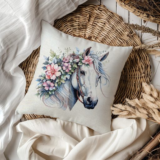 Fehér ló virágkoszorúval díszpárna huzat