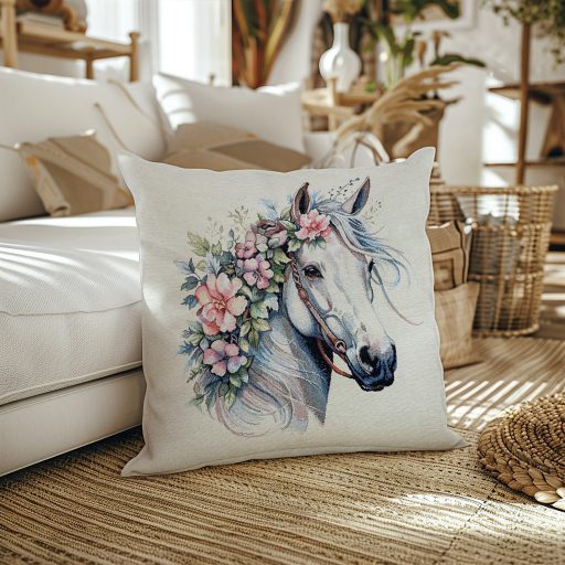 Fehér ló virágkoszorúval díszpárna huzat