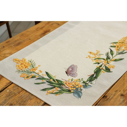 Sárga mimóza virágos asztali futó, 44x140 cm