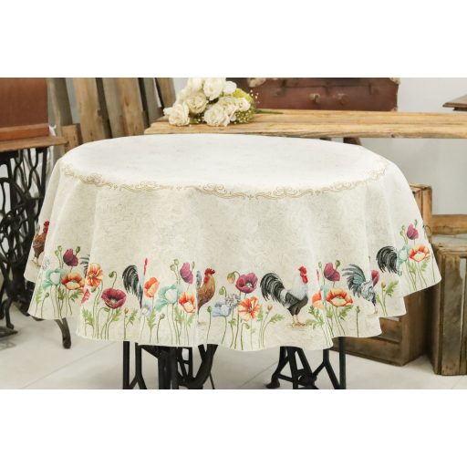 Kakasos, virágos szélű asztalterítő, kör alakú, 160 cm