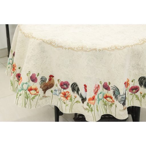 Kakasos, virágos szélű asztalterítő, kör alakú, 160 cm