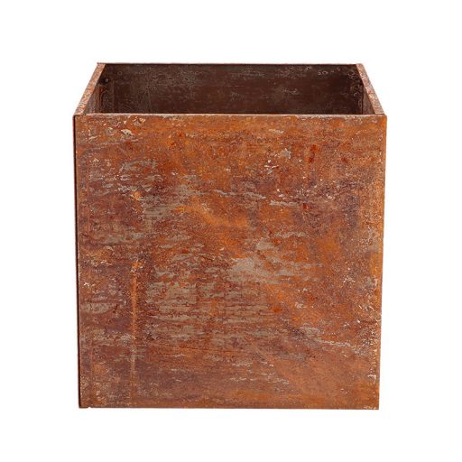 Rozsdásított felületű fém virágláda, 38 x 38 x 38 cm
