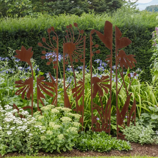 Rusztikus stílusú lézervágott fém növényfuttató, virág mintás, 170 cm, 5 db-os szett