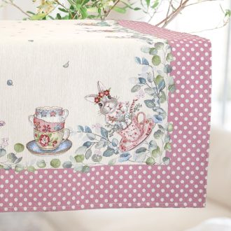   Húsvéti nyuszis, rózsaszín pöttyös szélű asztalterítő, 137x180 cm