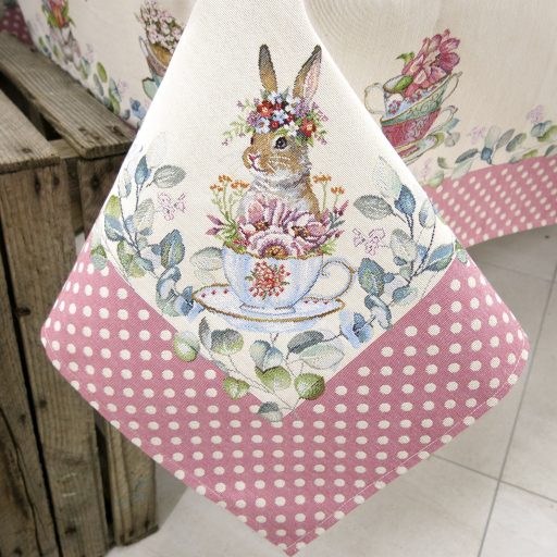 Húsvéti nyuszis, rózsaszín pöttyös szélű asztalterítő, 137x180 cm