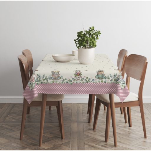 Húsvéti nyuszis, rózsaszín pöttyös szélű asztalterítő, 137x180 cm