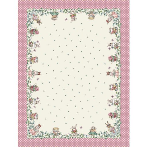 Húsvéti nyuszis, rózsaszín pöttyös szélű asztalterítő, 137x180 cm