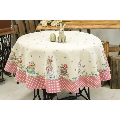 Húsvéti nyuszis, rózsaszín pöttyös szélű asztalterítő, kör alakú, 160 cm