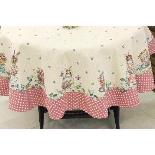 Húsvéti nyuszis, rózsaszín pöttyös szélű asztalterítő, kör alakú, 160 cm