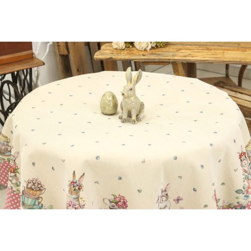 Húsvéti nyuszis, rózsaszín pöttyös szélű asztalterítő, kör alakú, 160 cm