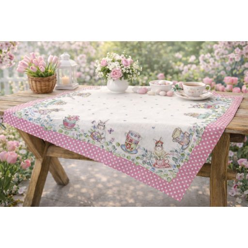 Húsvéti nyuszis, rózsaszín pöttyös szélű asztalterítő, 96x100 cm