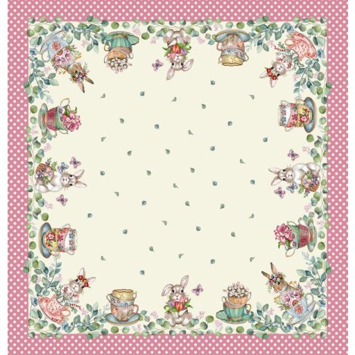 Húsvéti nyuszis, rózsaszín pöttyös szélű asztalterítő, 96x100 cm